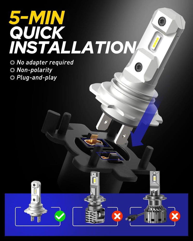 AUTOONE H7 LED Light Bulbs, 44,000LM 800% Super Brightness 6500K White, No Adapter Required, Non-Polarity Anti Flicker, 1:1 Mini Size H7LL Fog Light Bulbs for Night Driving, Plug-N-Play, Pack of 2 - Image 5